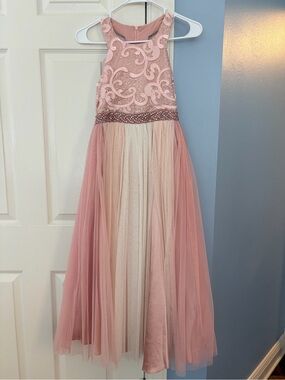 Girls' Dusty Rose and Cream Tulle Formal Dress with Beaded Waist